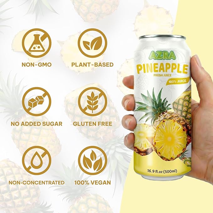 AZRA 100% Pineapple Juice – Fresh Organic Pineapple Taste in 500ml Cans – Zero Sugar Drinks Healthy Beverages Variety Pack for Kids and Adults – Bulk 100% Juice 12 Pack