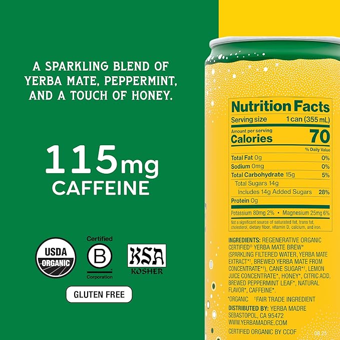 Yerba Madre Organic Sparkling Yerba Mate Enlighten Mint 115mg Natural Plant Based Caffeine Smooth Energy &amp Focus Carbonated 12oz Cans (Pack of 12)