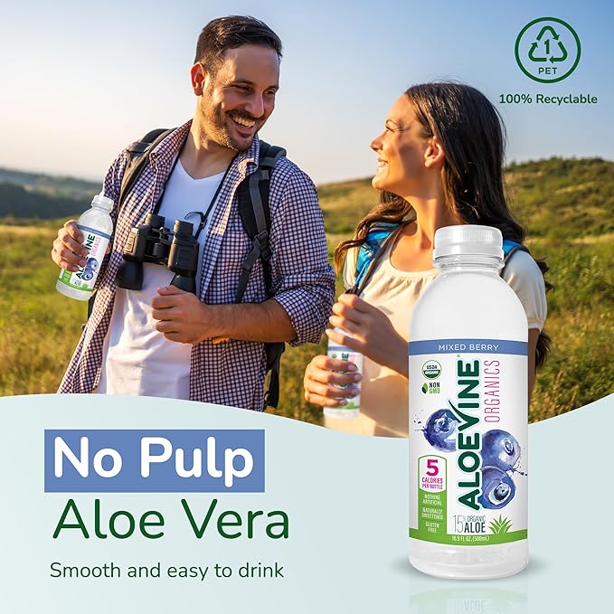 Aloe Vera Juice No-Pulp Organic Drink Healthy with Aloe Powder and Lemon Juice 5 Calories Low Sugar No Artificial Ingredients 16.9 oz 12 Pack Mixed Berry - Aloevine