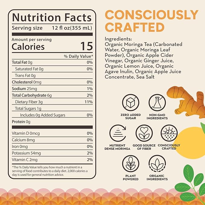 Ringa Sparkling Lemon Ginger Hydration 12 FZ Sparkling Drink – Organic Moringa + Apple Cider Vinegar with 3g Prebiotic Fiber – No Added Sugar Gut Health &amp Daily Hydration – 12oz Cans (LEMON GING