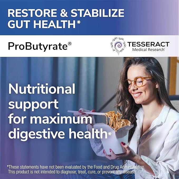 Tesseract Medical Research ProButyrate Gut Health Supplement Butyric Acid Complex Gastrointestinal Support Supplement Helps Restore Balance to Stabilize Gut Microbiome 600mg (60 Capsules)