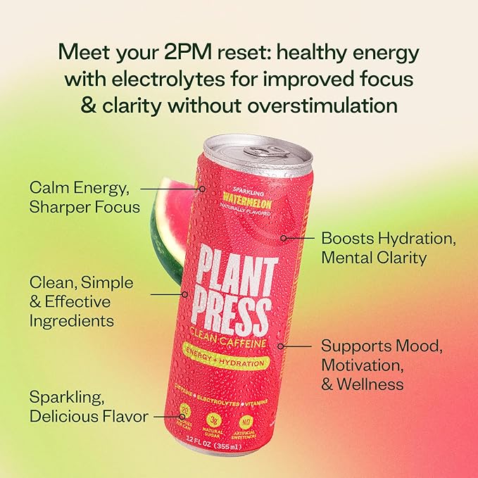 Plant Press - Organic Energy Drink 100 mg Caffeine Clean Coffee Alternative Full Range of Vitamins Electrolytes No Sugar Alcohols No Preservatives (12 Fl Oz (Pack of 12) Watermelon)