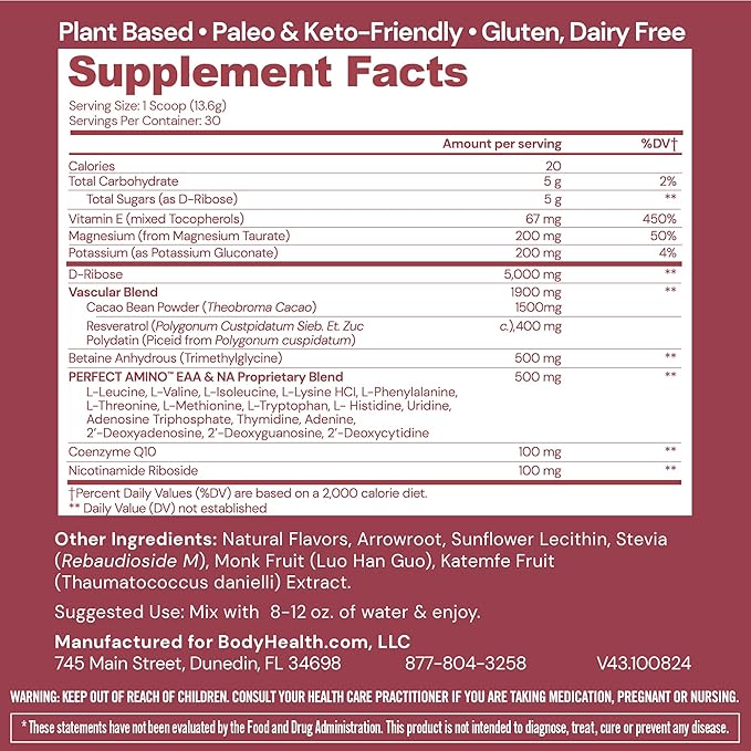 BodyHealth Cardio Vascular with PerfectAmino Blood Flow and Heart Health Supplement Support with CoQ10 Nicotinamide Riboside Resveratrol and D-Ribose Chocolate Flavor 30 Servings