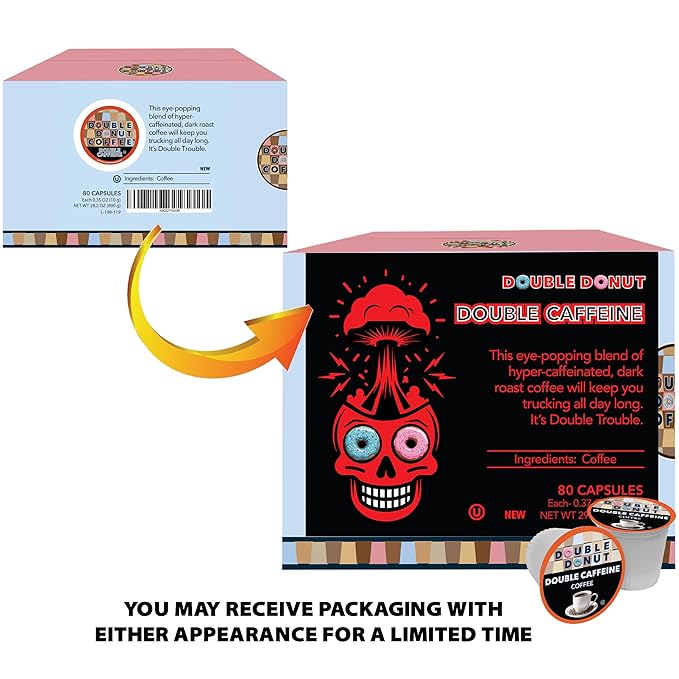 Double Donut Coffee High Caffeine Coffee Pods Extra Strong Double Caffeine Coffee Cups for Keurig K Cup Brewer Machines Single Serve Dark Roast Coffee 80 Count