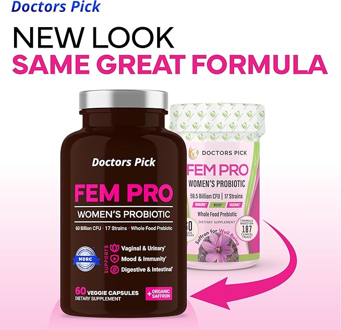 Fem Pro Probiotics for Women. 17 Clinically Effective Strains for Vaginal Digestive &amp Immune Support Urinary Tract Health pH Balance and Mood. 60 Veggie Capsules 2 Month Supply
