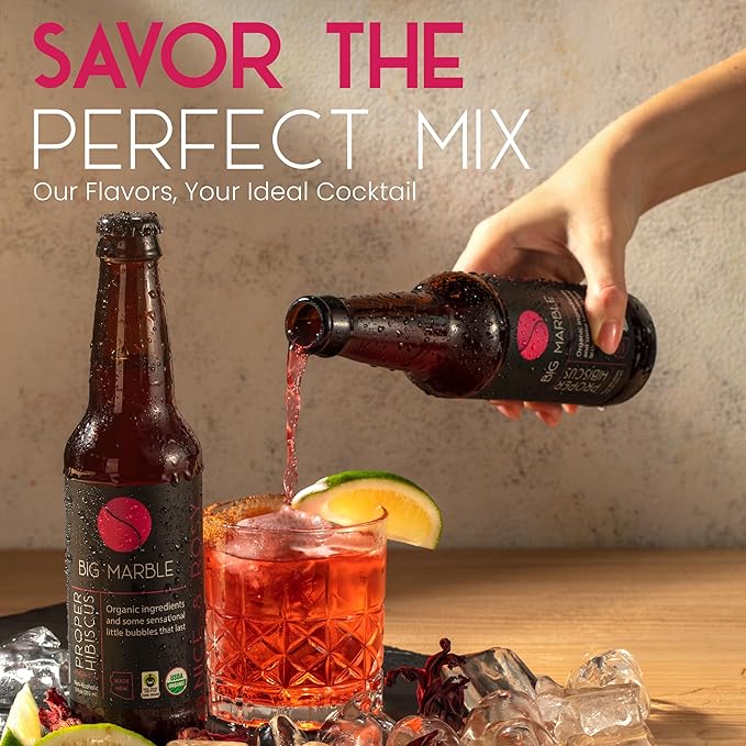 Big Marble Organic Proper Hibiscus Premium Non-Alcoholic Low Sugar Floral &amp Tart Fair Trade Certified Real Hibiscus No Artificial Sweeteners/Colors for Cocktails &amp Mocktails - 12 Pack