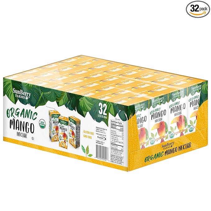 Sunberry Farms Organic Mango Nectar Juice Boxes 32 Pack (6.75 fl oz) – Organic Mango Juice Drinks All Natural Real Sugar Tropical Fruit Juice for Kids &amp Family