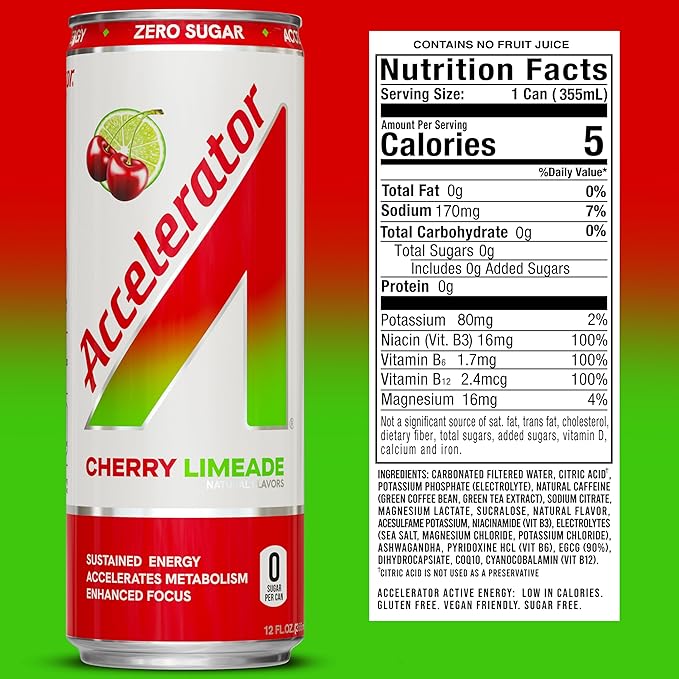 Accelerator Energy Drink Cherry Limeade 12oz can (12 pack) Zero Sugar Sustained Energy from 100% Natural Caffeine (200mg from Green Coffee Bean &amp Green Tea extract)