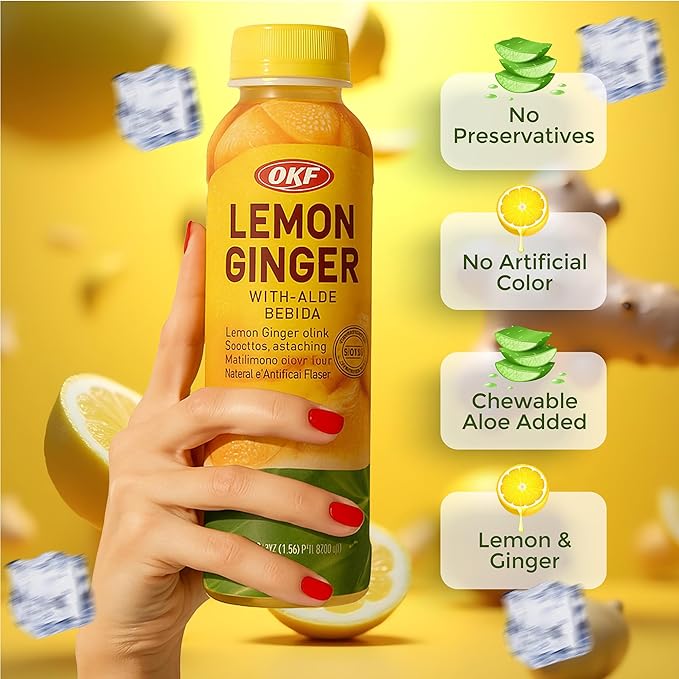 OKF Aloe Vera Juice Drink Lemon Ginger Pure with Chunks of Aloe Original 16.9 Fl Oz (Pack of 20) No Preservatives No Artificial Color Plant Based Korean Drinks