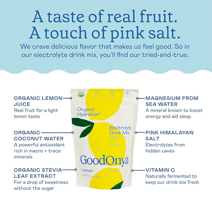 GOODONYA Organic Hydration Electrolyte Drink Mix Certified Organic Hydration Powder Non-GMO Biochecked Glyphosate Free Low Sugar Lemonade Flavor No Artificial Flavors 42 Servings