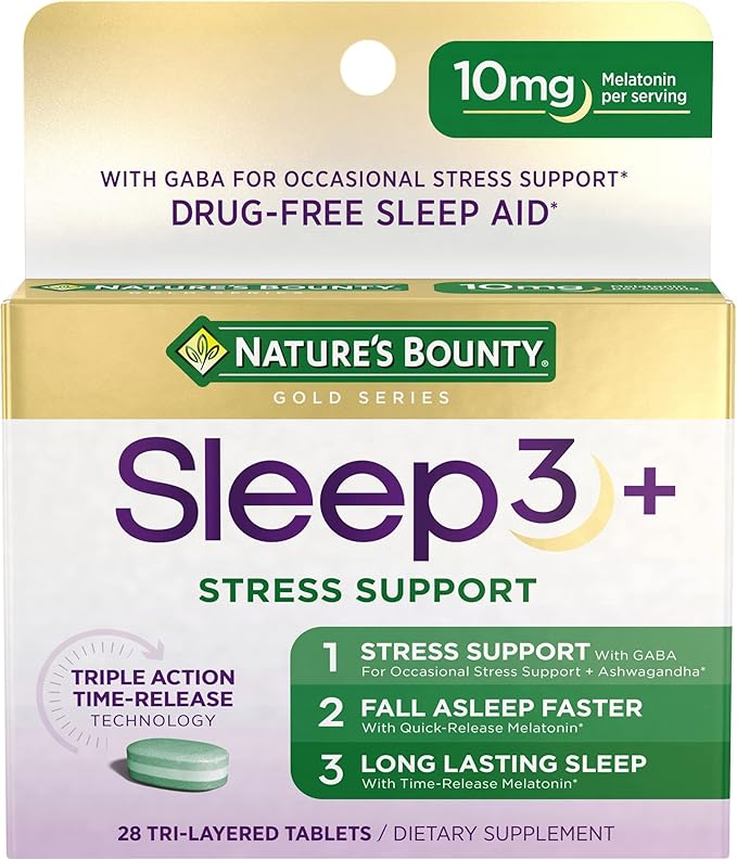 Nature's Bounty Sleep + Stress Support Sleep3 Maximum Strength 100% Drug Free Sleep Aid Dietary Supplement with Ashwagandha Time Release Technology 10mg 28 Tri-Layered Tablets (Pack of 2)