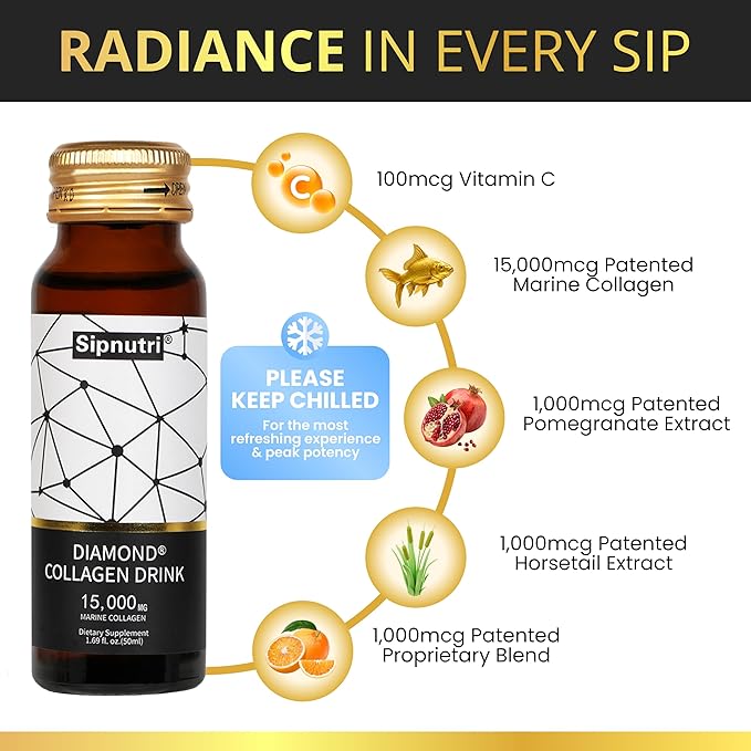 Diamond Liquid Collagen Drink for Women &amp Men 15000 mg Hydrolyzed Marine Collagen Peptides with Vitamin C Pomegranate Hair Skin Nails Joints Bones Support 50 ml x 30 Bottles