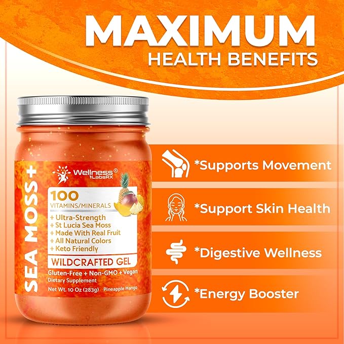 WELLNESS LABSRX Irish Sea Moss Gel Raw - Wildcrafted Superfood Seamoss Gel - Pineapple Mango Flavor Vitamin and Mineral-Rich from Pristine Caribbean Waters - 10 oz.