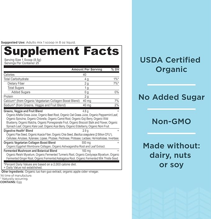 Ancient Nutrition Supergreens Powder Organic Superfood Powder with Collagen Made from Real Fruits Vegetables and Herbs for Digestive and Energy Support 25 Servings 7.5oz