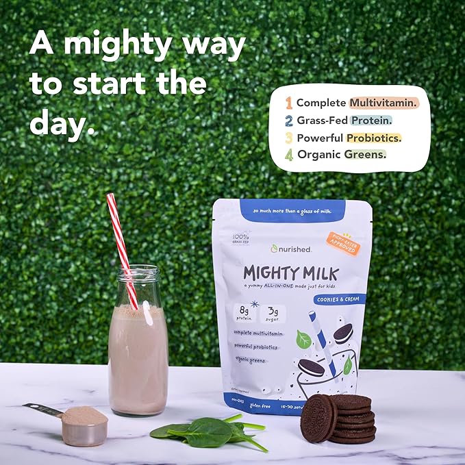 Cookies &amp Cream Mighty Milk - Kids All-in-One Daily Protein Powder &amp Multivitamin with Probiotics &amp Organic Spinach - Natural Flavors Colors &amp Sweeteners - 15-30 Servings