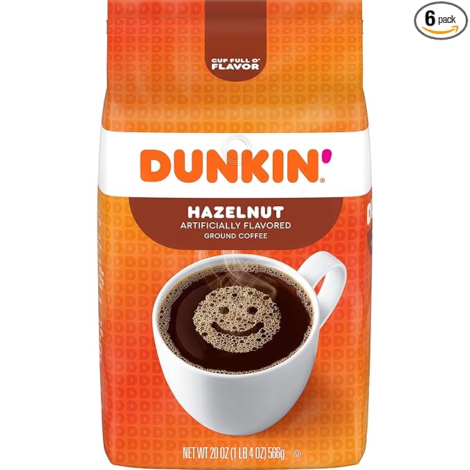 Dunkin' Hazelnut Flavored Ground Coffee 20 Ounces (Pack of 6)
