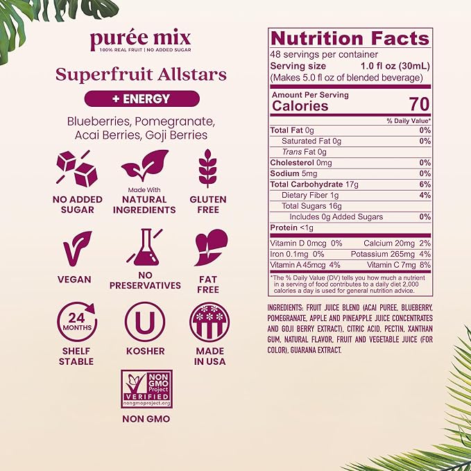 Smartfruit Superfruit All-Stars + Energy – 100% Real Fruit Purée with Blueberry Pomegranate Acai &amp Goji Berries – Great for Smoothies Juice Yogurt Cocktails Teas &amp More – 2-Pk 48oz Each