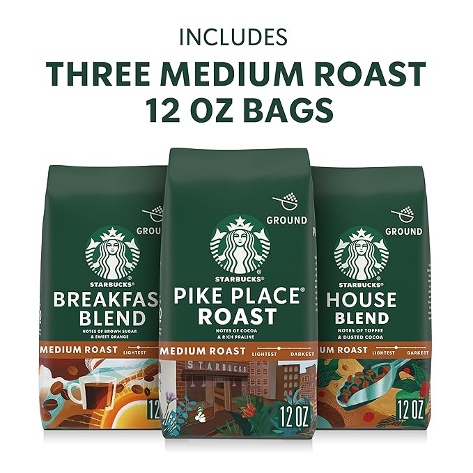 Starbucks Ground Coffee Medium Roast Hot or Iced Coffee Variety Pack Three 12 oz Bags