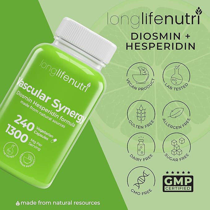 LongLifeNutri Diosmin Hesperidin Complex Vascular Synergy 1000mg/300mg for Optimal Circulation &amp Vein Support: 240 Capsules 120 Servings 4-Month Supply Made in USA
