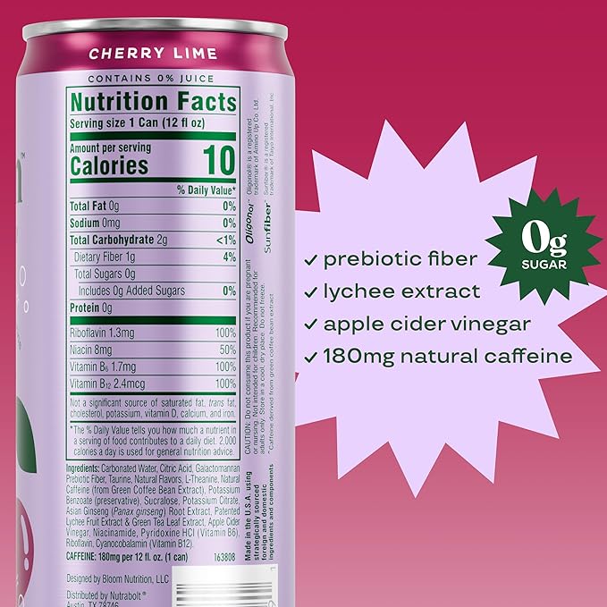 Bloom Nutrition Sparkling Energy Drink for Focus Natural Caffeine Zero Sugar 180mg Caffeine Antioxidant-Rich with Green Coffee Bean Green Tea Extract &amp Prebiotics Cherry Lime 12oz 24 Pack