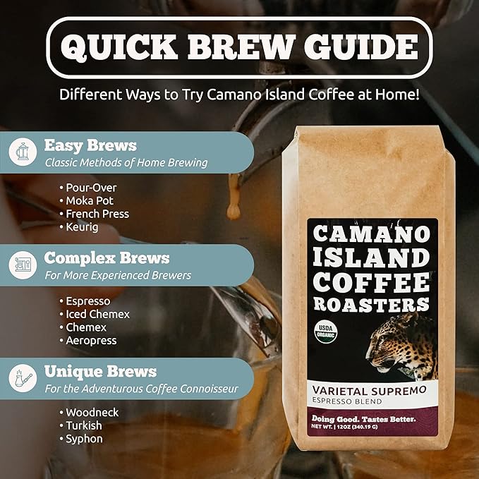Camano Island Coffee Roasters Varietal Supremo Espresso Blend Whole Bean 12oz Fresh Dark Roast USDA Organic Fairly Traded Shade Grown Arabica Chocolate Caramel Hint of Spice Flavor Profile
