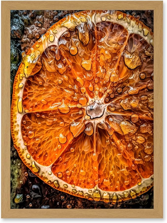 Artery8 Orange Slice with Juice Droplets Macro Painting Artwork Framed A3 Wall Art Print