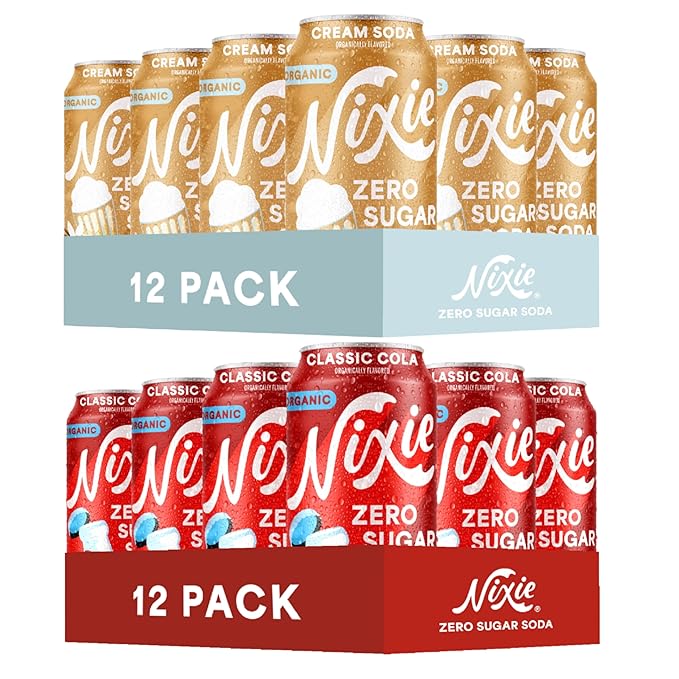 Nixie Organic Zero Sugar Soda Cream Soda &amp Classic Cola 0 Sugar 0 Calories Healthy Soda Pop Non-GMO 12oz Cans (24 Pack)