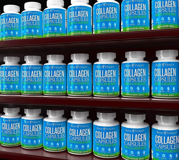 Root Vitality Collagen Peptides Capsules - Grass-Fed Pasture-Raised Hydrolyzed Protein Supplement for Skin Hair &amp Nails - Non-GMO Zero Sugar Daily Pills for Men &amp Women (180 Capsules)
