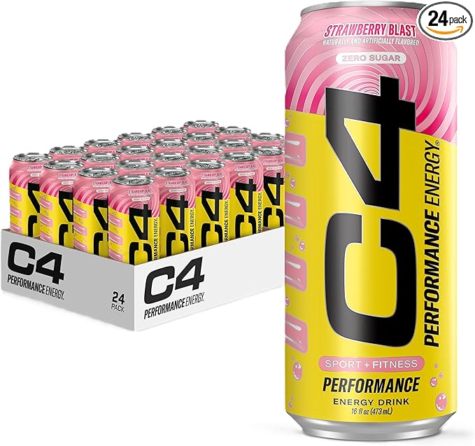 Cellucor C4 Performance Energy Drink | Strawberry Blast | Zero Sugar Carbonated Preworkout Energy | 200mg Caffeine with Beta Alanine | 16 Fl Oz (24 Pack)