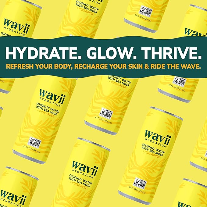 Wavii Hydration Organic Coconut Water with Organic Sea Moss plus Pineapple 11 fl oz Cans Pack of 12 – Clean Refreshing Hydration with Naturally Occurring Electrolytes No Added Sugar Non-GMO