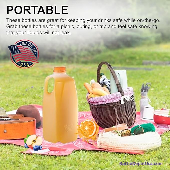 FIJIAN MADE 64 Oz Jugs Juice Bottles (Pack Of 6 x 64 Oz Ea) With Orange Tamper Evident Screw Caps – Great for Homemade Juices Milk Smoothies Tea and Other Beverages - Food Grade BPA Free