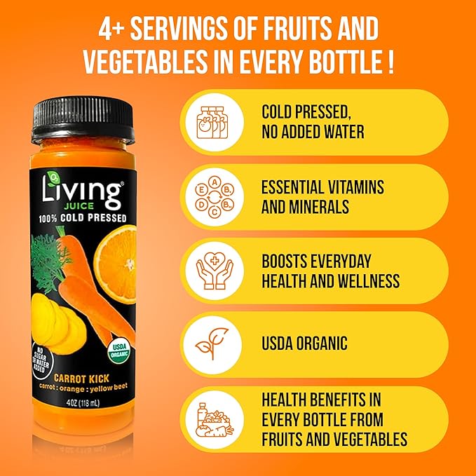 O2 Living Juice Cold Pressed Drink - Carrot Kick Organic Juice Pack - No Added Sugars or Water Naturally Sweetened from Fruits Rich in Nutrients &amp Vitamins - Refreshing &amp Non-GMO - 4 fl oz