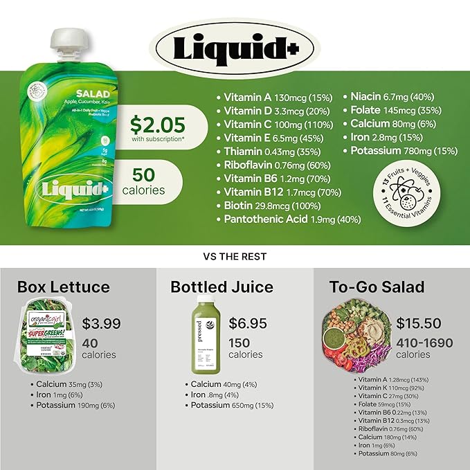 Liquid Salad High Fiber Veggie Pouches by Liquid Plus Convenient Greens Smoothie with Prebiotic Fiber Superfoods Veggies and Fruits Healthy Vegan and Gluten Free Snacks with 15 Vitamins &amp Mine