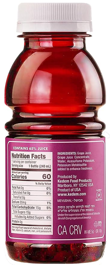 Kedem Light Concord Grape Juice 8oz Plastic Bottle 24 Pack Reduced Sugar and Calories