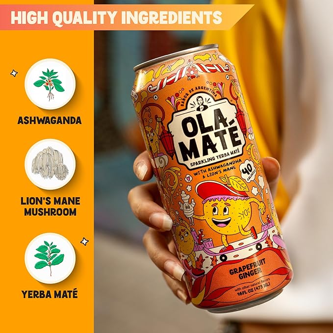 Yerba Mate Energy Drink - Low Sugar Sparkling Tea Cans with Ashwagandha Lion’s Mane USDA Organic Clean Energy Drink with 150mg Natural Caffeine Ola Mate Grapefruit Ginger