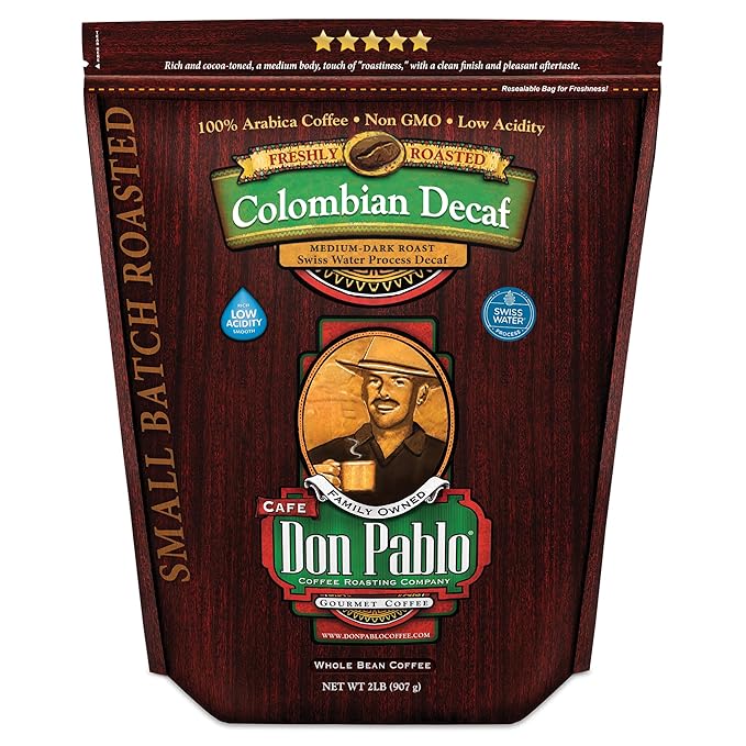 Don Pablo Colombian Decaf - Swiss Water Process Decaffeinated - Medium-Dark Roast Gourmet Coffee - 100% Arabica Whole Bean Non-GMO Low Acidity 907g (2LB) Bag