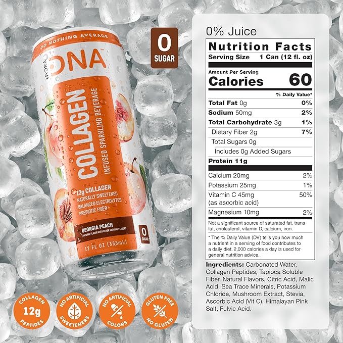 HYDRADNA- Sparkling Liquid Collagen Protein Water Drink Balanced Nutrients for Wellness - Sugar-Free - Keto-Friendly - No Gluten (12 Pack) Georgia Peach