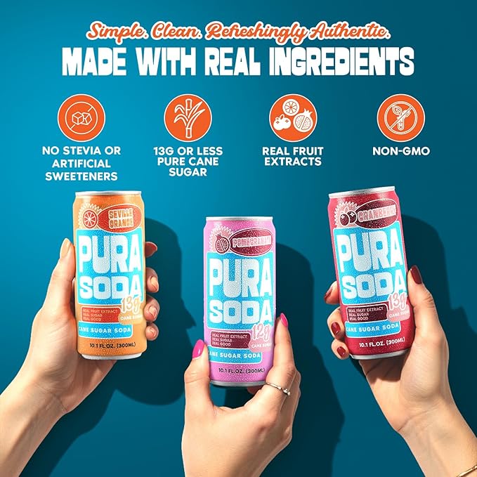 PuraSoda® Endless Summer Soda Variety Pack - Cranberry Orange &amp Pomegranate | 10 fl oz (Pack of 12) | 65 Calories 13g Real Cane Sugar Real Fruit Extracts | Non-GMO Vegan No Stevia or Artifici