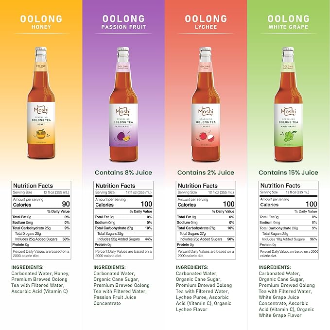 Moshi Sparkling Drinks - Oolong Tea Variety Pack (12 Bottles)