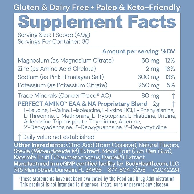 BodyHealth PerfectAmino Electrolytes Powder No Sugar Hydration Fasting Keto Zero Sugar Electrolytes Drink Mix with Trace Minerals - Passion Fruit - 30 Servings