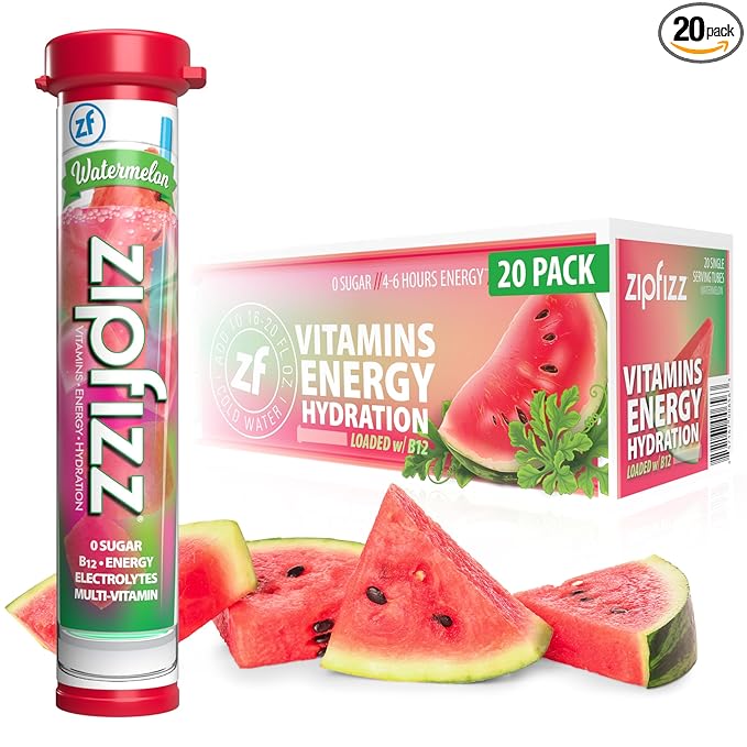 Zipfizz Daily Energy Drink Powder Watermelon 20 Pack | 3-in-1 Sustained Energy Rapid Hydration and Essential Vitamins | Sugar-Free | Electrolyte Powder | Contains Vitamin B-12 &amp Antioxidants
