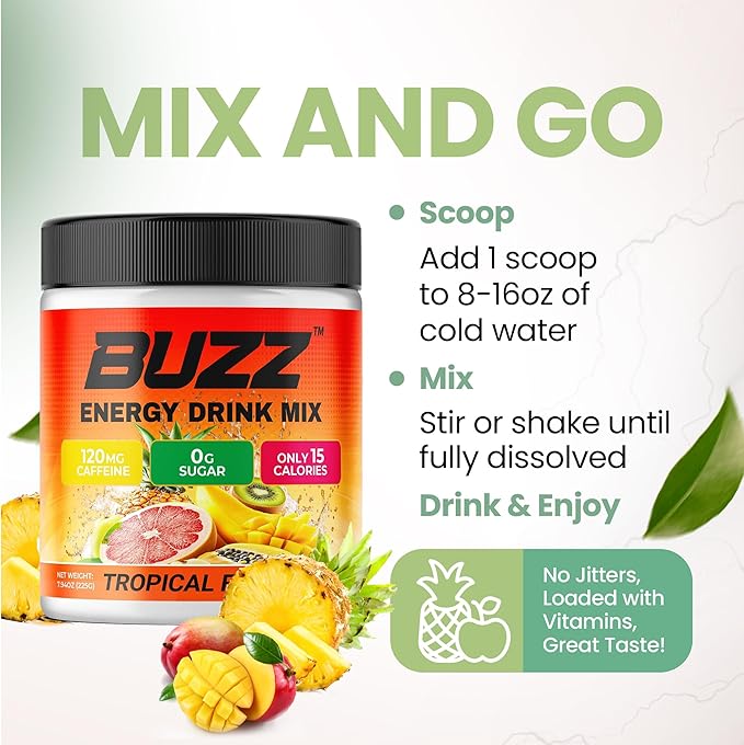 Energy Drink Powder - Energy Boost Drink Mix - Sugar-Free Energy with Antioxidants - Morning Kickstart and Sports Nutrition Endurance Product - 30 Servings 8 Ounces (Tropical Fusion)