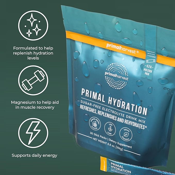 Primal Harvest Electrolytes Powder Packets Primal Hydration Easy Open Packets Energy Drink Mix 2 Pack Bundle (Lemon Berry 60 Packs)