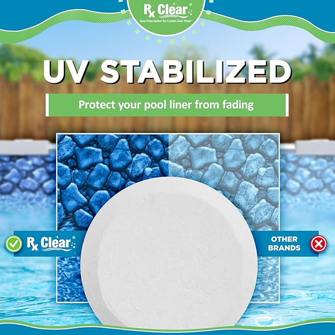 Rx Clear 1 Inch Chlorine Tabs | 8 Pounds | Use Tablets as Bactericide Algaecide &amp Disinfectant in Swimming Pools | Stabilized Long Lasting Slow Dissolving &amp UV Protected