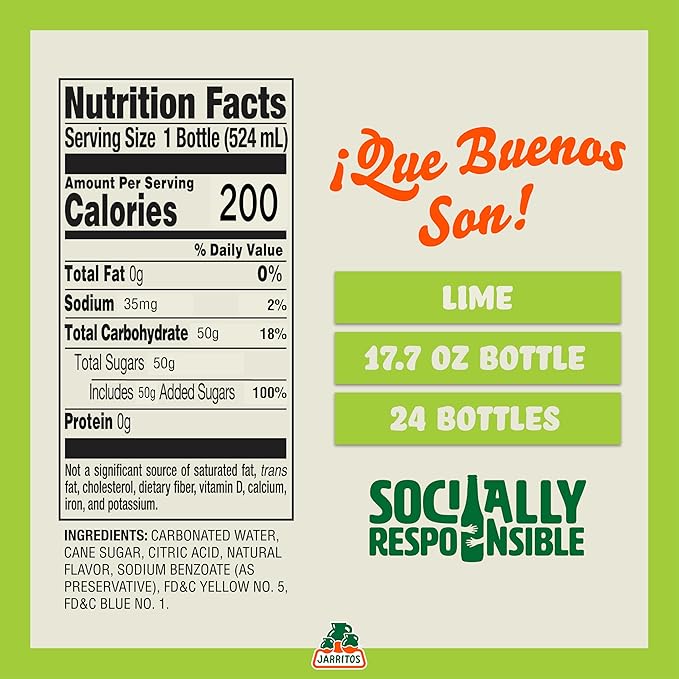 Jarritos - Mexican Soda Soft Drinks Lime (17.7 oz 524ml) 24 Bottles - Made with Real Cane Sugar - 0g Fat - Made in Mexico - Natural Flavor Soda Pop - Party &amp BBQ Beverages