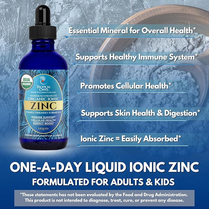 USDA Organic Ionic Zinc Droppers for Men Women &amp Kids | Liquid Zinc Supplement Trace Mineral Formula | Immune Function | Skin Health | 98% Absorption | Sugar-Free Vegan Non-GMO | 4 Fl Oz