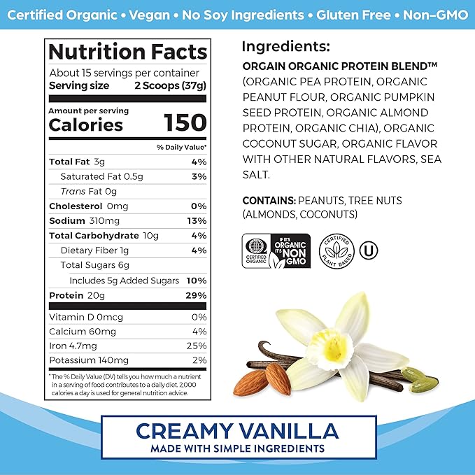 Orgain Organic Simple Vegan Protein Powder Vanilla with Collagen Peptides Powder - Plant Based Protein Hair Skin Nail Joint Support - 1.25lb 1lb