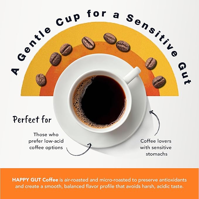Happy Gut Coffee - Doctor-Formulated Organic Medium-to-Dark Roast Coffee with Gut-Friendly Benefits - Gentle on Stomach - Rich Flavor Gluten-Free No Bitterness - 12oz - SMOOTH - Ground