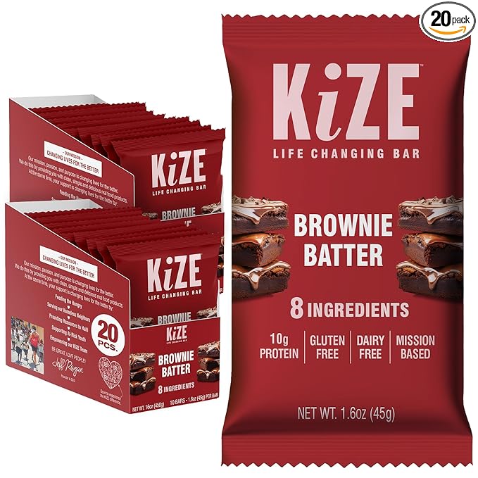KiZE Energy Bars - Brownie Batter - 20-Count - Almond-Butter-Based Gluten Free Dairy Free Non-GMO and High Protein Meal Replacement Energy Bars Clean and Simple Food Ingredients - 10g High Protei