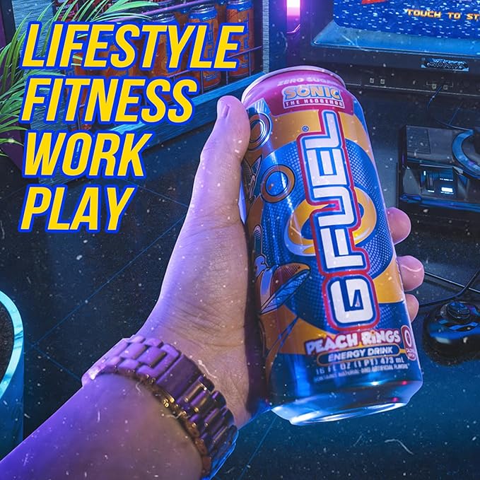 G Fuel Energy Drink Peach Ring Candy Sugar Free Beverage with 300mg Caffeine Daily Energy Boost with Focus Amino Vitamin + Antioxidants 16 oz Cans (Sonic 12-Pack)